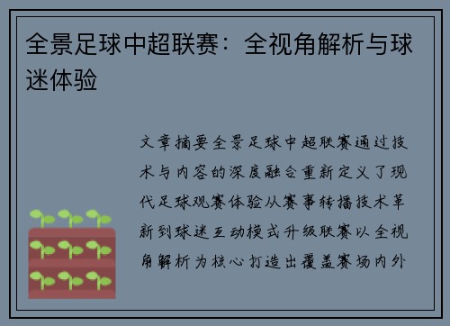 全景足球中超联赛：全视角解析与球迷体验
